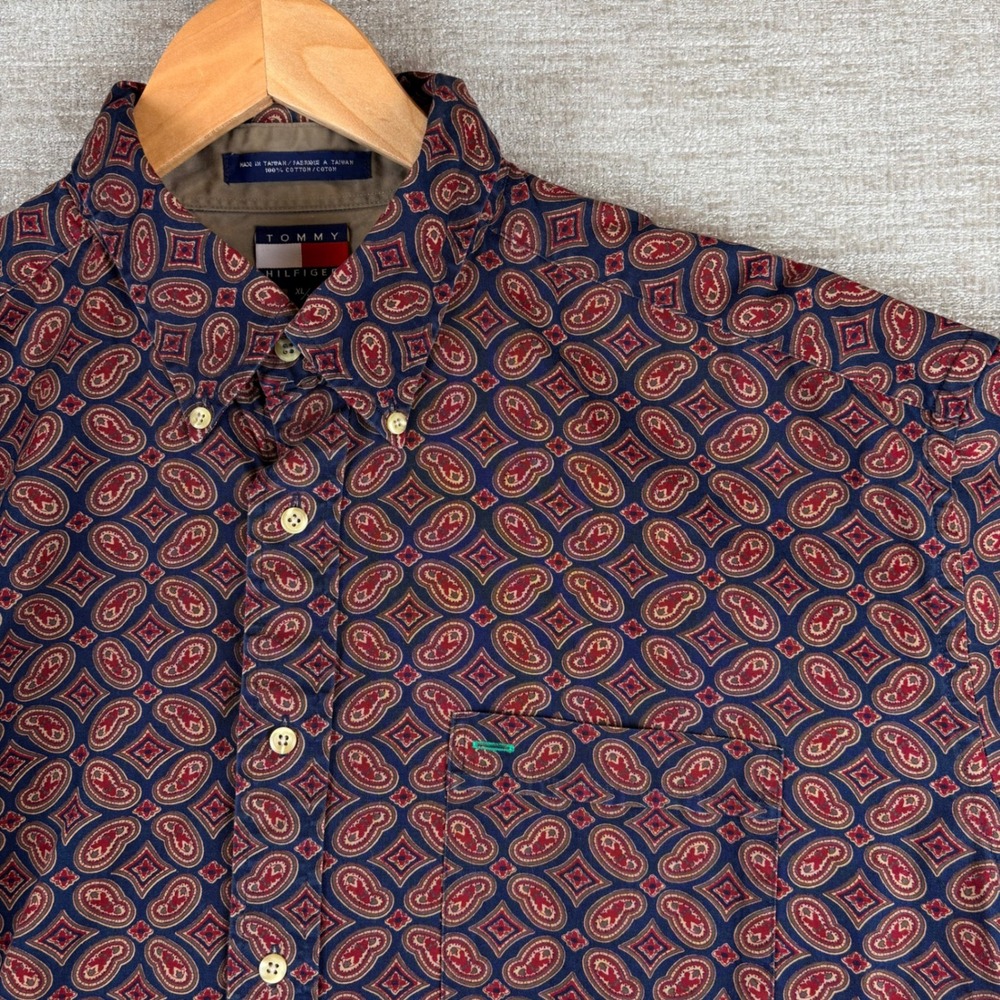 VTG Tommy Hilfiger Mens XL Blue Red Paisley Vintage 90s Button Down Shirt Preppy